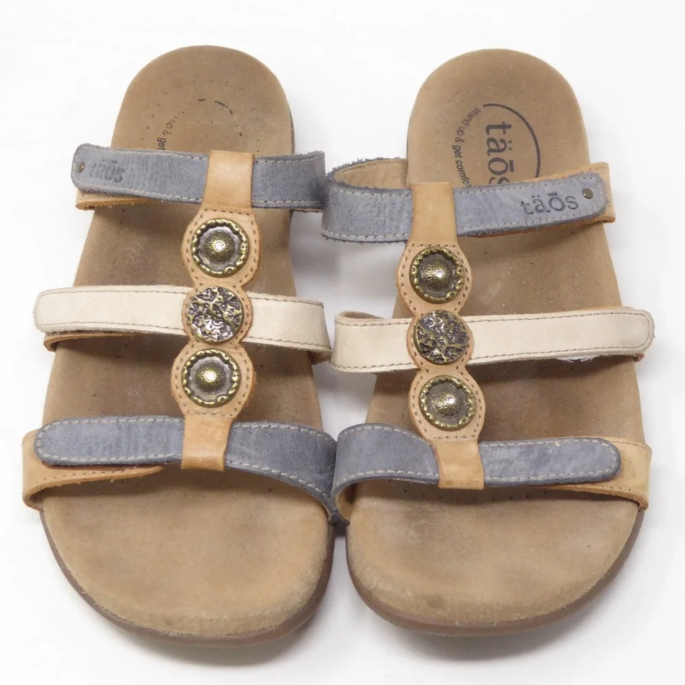 Taos Prize 4 Womens Sandals Brown Blue Leather Strappy Medallion 8